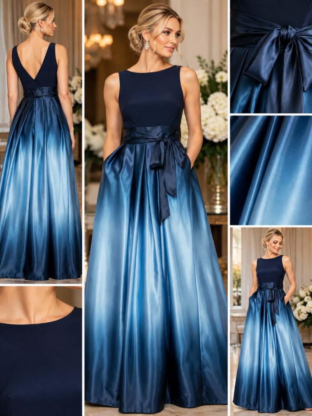 SL Fashions Navy Blue Ombre Satin Bow Sash Formal Gown Size 8 NWT